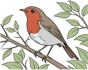 Cheerful Robin Redbreast Perched on Branch, Line Art Illustration.