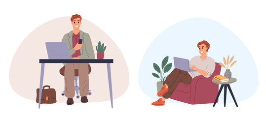 Working in office and home. Comparing work at home freelance or corporate workplace. Remote job. Casual freelancer on sofa with laptop. Man sitting at computer desk. Vector concept