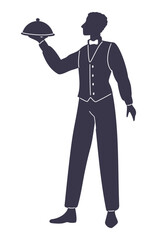 Silhouette of waiter holding tray of food. Cafe staff carrying plate. Dish with cloche. Catering service. Servant and butler in uniform. Banquet serving. Vector restaurant hospitality