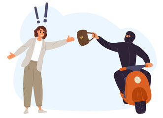 Scooter thief snatched purse from womans hand. Perpetrator stole girl belongings. Motorized burglar in mask. Pickpocket crime. Gangster at moped. Bandit driving vehicle. Vector concept