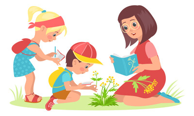 Kids learn nature. Young naturalists discover world with teachers. Practical outdoor activities. Mentors and students. People studying plant herbs. Scouts education. Splendid vector set