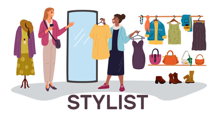 Girl offers personal stylist services to another woman. Professional shopper in store. Female trying clothing with specialist. Fashion consultant. Fashionable wardrobe. Vector concept