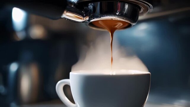 A closeup shot focuses on the process of brewing coffee showcasing a coffee machine with steam rising gently as the espresso begins to pour. The white cup sits perfectly aligned beneath