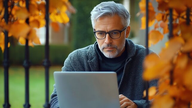 Middle-aged man with gray hair and glasses working on a laptop outdoors surrounded by autumn orange leaves, appearing focused and thoughtful - Powered by Adobe