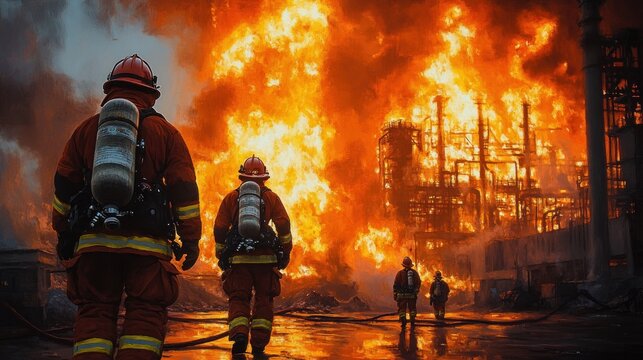 Firefighters in full gear walking towards a massive industrial fire with intense orange flames engulfing a factory structure, evoking urgency and danger