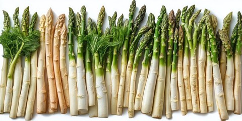 Fresh white and green asparagus stalks neatly arranged in vertical rows with vibrant green tips and some dill sprigs on a clean white background