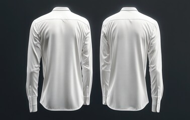 two plain white long sleeve button-up shirts displayed from the back against a dark background with smooth fabric and tailored fit