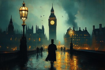 Silhouetted figures walking on a wet bridge at dusk with illuminated street lamps and the iconic clock tower in the foggy background creating a mysterious and nostalgic atmosphere
