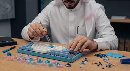 A man meticulously assembles a custom keyboard, carefully placing each keycap with precision tools on a wooden table.