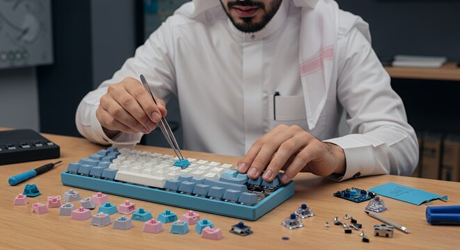 A man meticulously assembles a custom keyboard, carefully placing each keycap with precision tools on a wooden table.