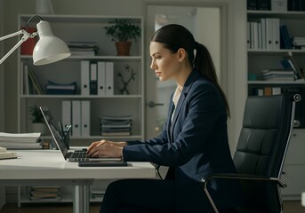 Focused Female Professional Typing on Laptop at Desk

