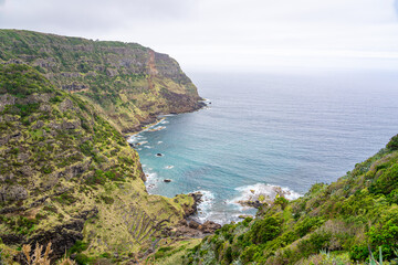 Walking path through dense vegetation towards Raposo Bay with observation of waterfall on the...