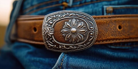 close-up of a detailed floral engraved silver belt buckle on a worn brown leather belt over blue denim jeans