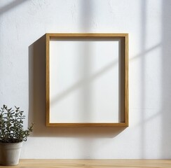 Empty wooden picture frame casting shadow on white textured wall with potted plant beside it on wooden surface in soft sunlight