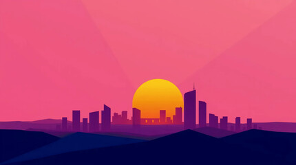 modern city skyline with vibrant pink sunset and orange sun