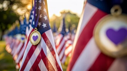 American flags with purple heart medals honor military personnel and veterans for their service and sacrifice