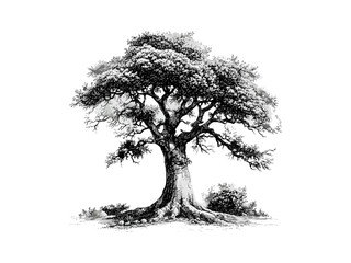 Vintage baobab bark illustration, hand-drawn botanical art, tropical tree trunk, nature tree design, retro woodland style, black sketch, eco-friendly print, old engraving technique