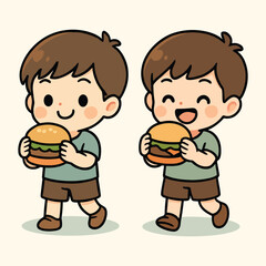 Boys Eating Burgers Cartoon Vector | Fun Fast Food Kids Illustration
