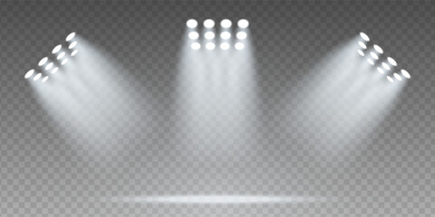 Realistic 3D stadium with bright LED spotlights and illuminated football field. Night sport event background design with neon floodlights and dramatic beam effects on dark transparent backdrop. © Azat Valeev