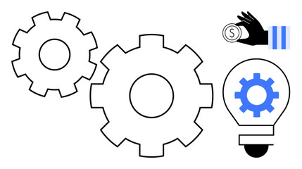Two interlocking gears, a lightbulb with gear, and a hand holding a coin. Ideal for innovation, teamwork, business strategy, problem-solving, efficiency creativity finance. Simple flat metaphor