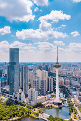 High angle view of Color TV Tower and Youth Park in Shenyang, Liaoning Province, China