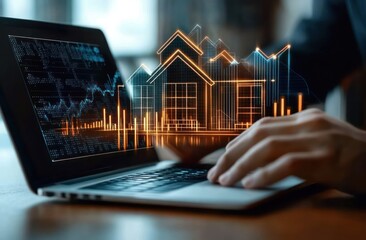 Close-up of hands typing on a laptop keyboard with futuristic orange digital house and bar graph overlays representing real estate market analysis