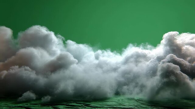 A thick cloud of white steam envelopes the ground swirling and rolling as if propelled by a gentle breeze contrasting sharply with the saturated green screen ideal for cinematic effects
