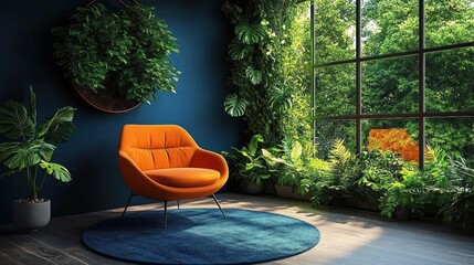 Cozy modern interior corner with a bright orange armchair on a blue round rug surrounded by lush green plants beside a large window overlooking trees