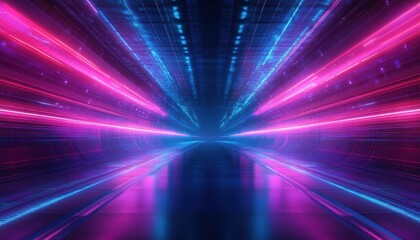 Bright neon pink and blue lights forming a futuristic tunnel with reflective floor and motion blur creating a sense of speed and depth