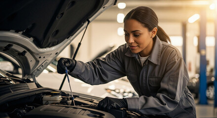 Woman mechanic checking oil level in car engine at automotive repair shop with open hood and wearing gloves