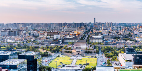 High angle view city skyline of Yongning Gate and Bell Tower in Xi'an, Shaanxi, China