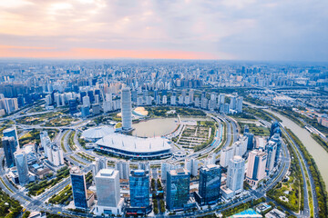 Aerial photography of Zhengdong New District CBD skyline at dusk, Zhengzhou, Henan, China