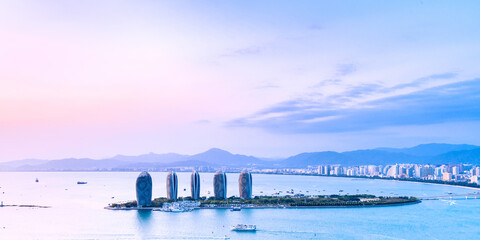 Aerial photography of the city skyline of Phoenix Island, Sanya, Hainan, China