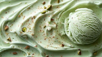 Fototapeta premium smooth creamy pale green pistachio ice cream with crushed pistachio nuts scattered on and a round scoop of ice cream resting on top