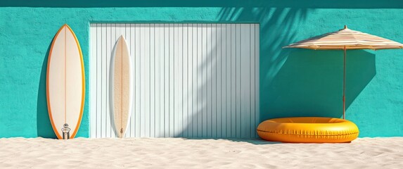 Two surfboards leaned against a turquoise wall with a closed white garage door between them, an orange inflatable pool, and a striped beach umbrella on sandy ground under shadow