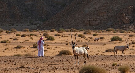 Arabian Oryx graze in the desert, watched by a Bedouin man with traditional attire and tools.