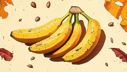 A bunch of ripe yellow bananas with small brown spots lying on a light background surrounded by scattered banana peels, seeds, and autumn leaves, evoking freshness and natural simplicity