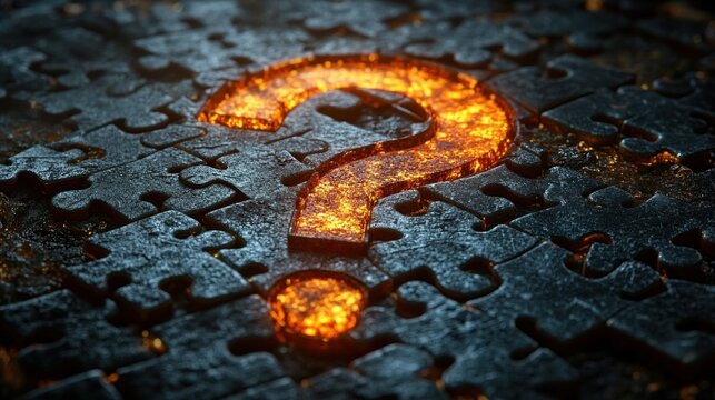 Glowing fiery question mark embedded in dark puzzle pieces symbolizing mystery and curiosity