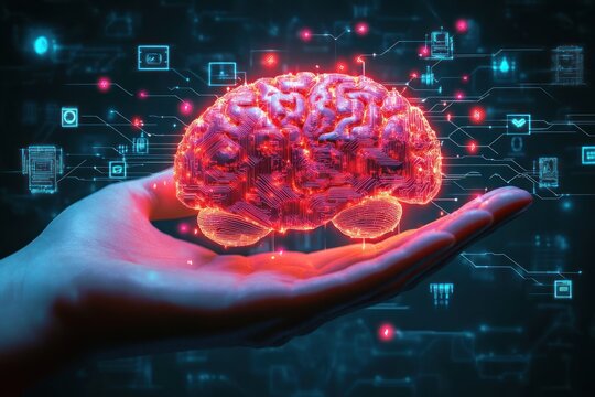 Human hand holding a glowing digital brain with circuit patterns and data connections symbolizing artificial intelligence and technology integration - Powered by Adobe