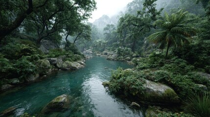 Fototapeta premium Serene Rainforest River Scene: Lush Greenery and Tranquil Waters