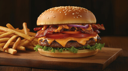 Close-up of a juicy cheeseburger with bacon, lettuce, tomato, onion, and melted cheese on a sesame bun, served on a wooden board with fries on the side, all set on a rustic wooden table 
