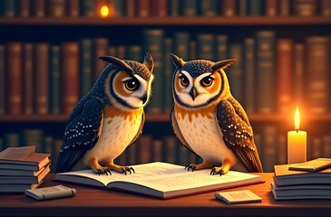 Night Owls Analyzing Magical Market Scrolls, Candlelit Library Illustration