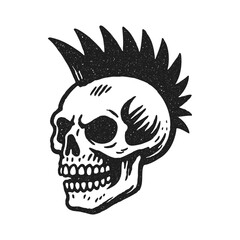 Punk skull with mohawk, vintage black and white illustration with textured style.