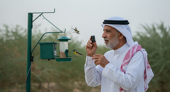 An elderly man in traditional Middle Eastern attire observes birds at a feeder, capturing the moment with a small device.