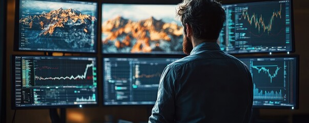 Man with beard and casual shirt analyzing multiple computer screens displaying financial data, graphs, and mountain landscape images in a dimly lit room
