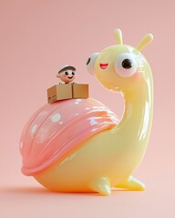 Cute Cartoon Snail with Delivery Box and Tiny Character Rider on Pink Background