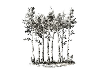 Vintage hand-drawn birch tree forest engraving, botanical illustration, nature print, tree bark texture, eco-friendly wall art, retro floral design, rustic forest decor, black sketch