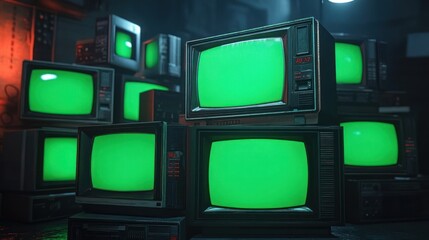 Close-up view of numerous vintage CRT televisions stacked in a dimly lit room, all displaying bright green screens, creating a nostalgic and eerie atmosphere