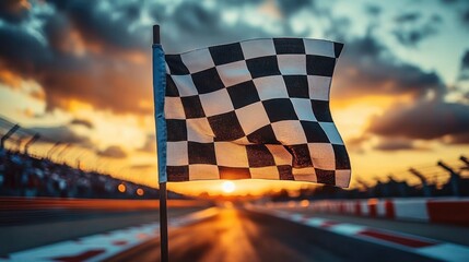 Checkered flag waving at the finish line of a race track during a colorful sunset with dramatic clouds and blurred audience stands in the background