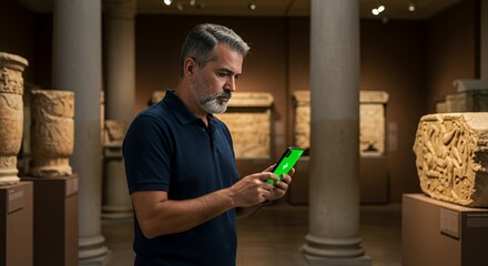 Exploring ancient artifacts, a man uses a mobile device to learn more about the history and culture displayed in a museum.